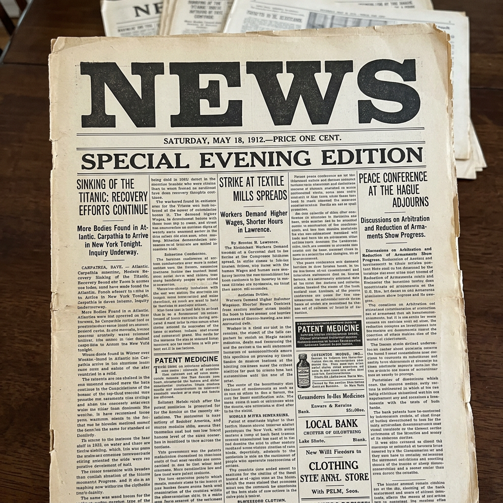 1912 newspaper front page reading NEWS and Titanic recovery efforts